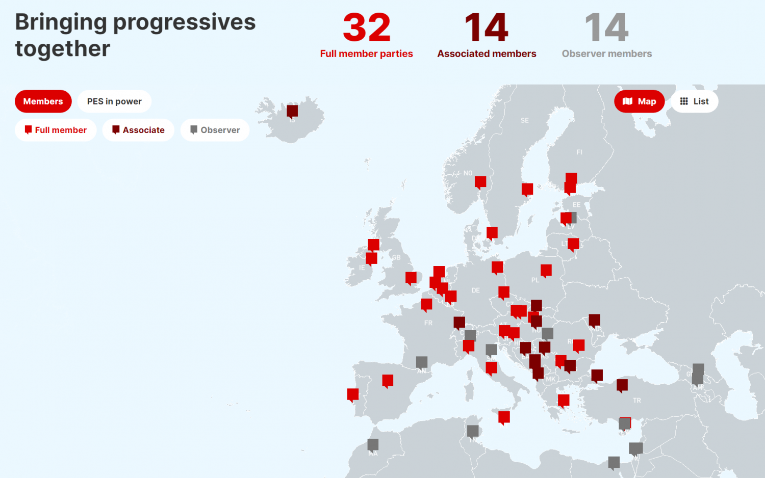 mapa członków PES